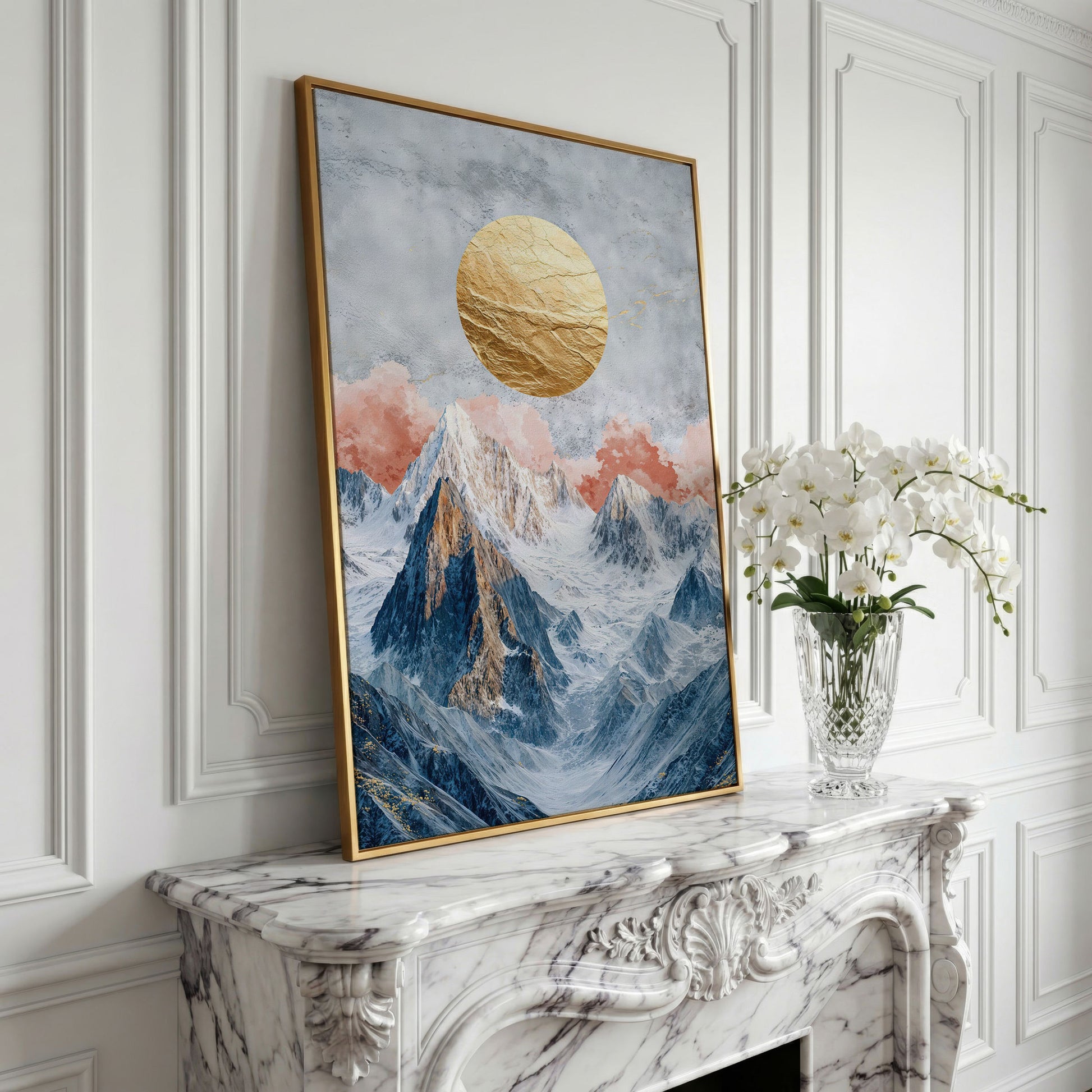 Snowy Mountains with Golden Sun Canvas in yellow gold floating frame