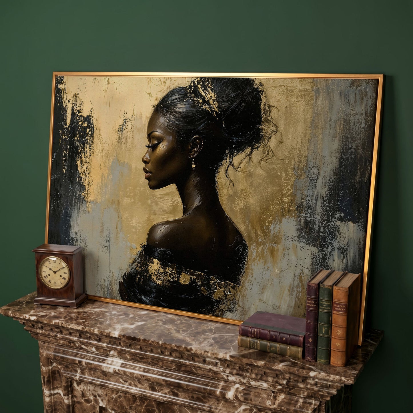 Royal Woman Profile Canvas Print in Black & Gold in antique gold floating frame