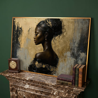 Royal Woman Profile Canvas Print in Black & Gold in antique gold floating frame