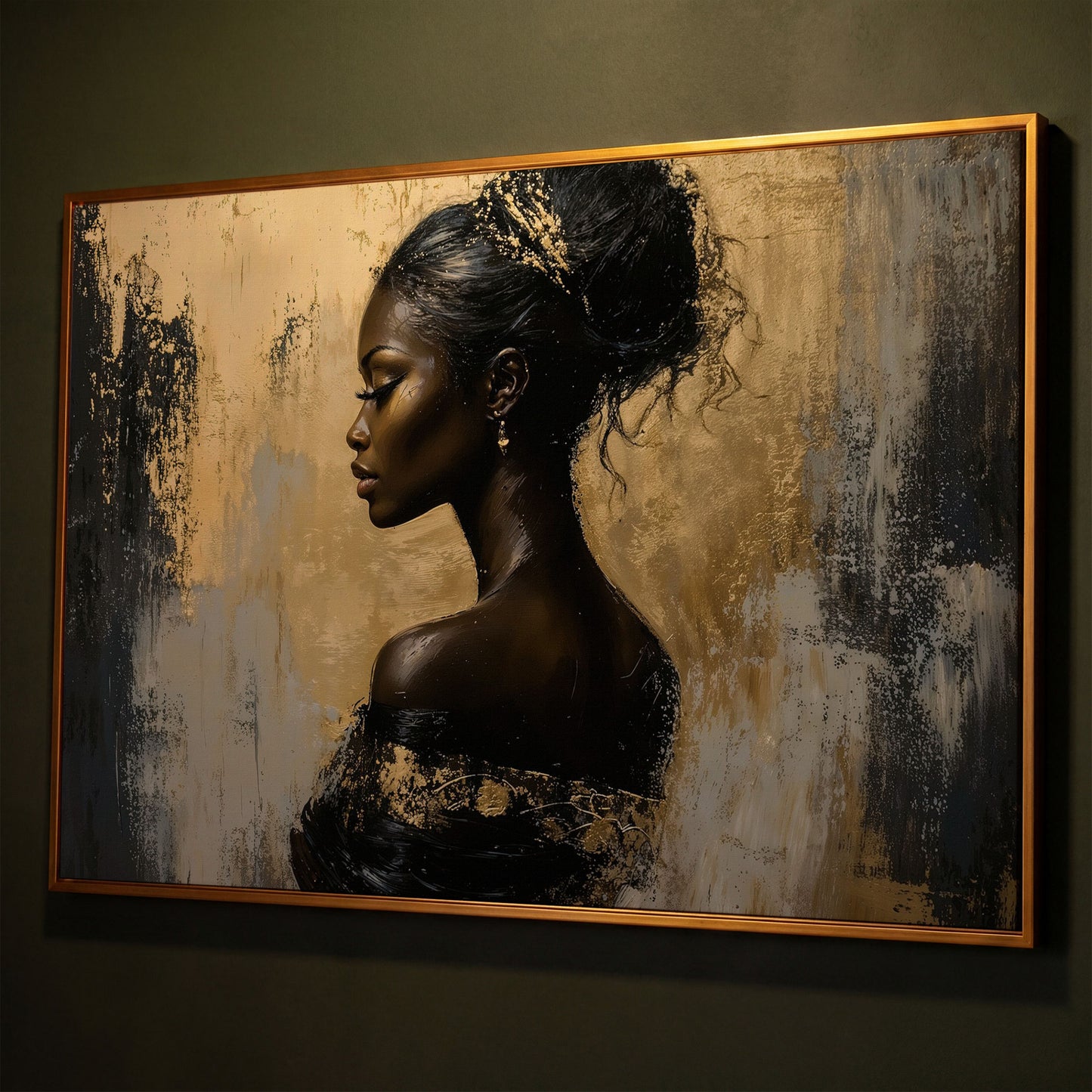 Royal Woman Profile Canvas Print in Black & Gold shown in antique gold floating frame