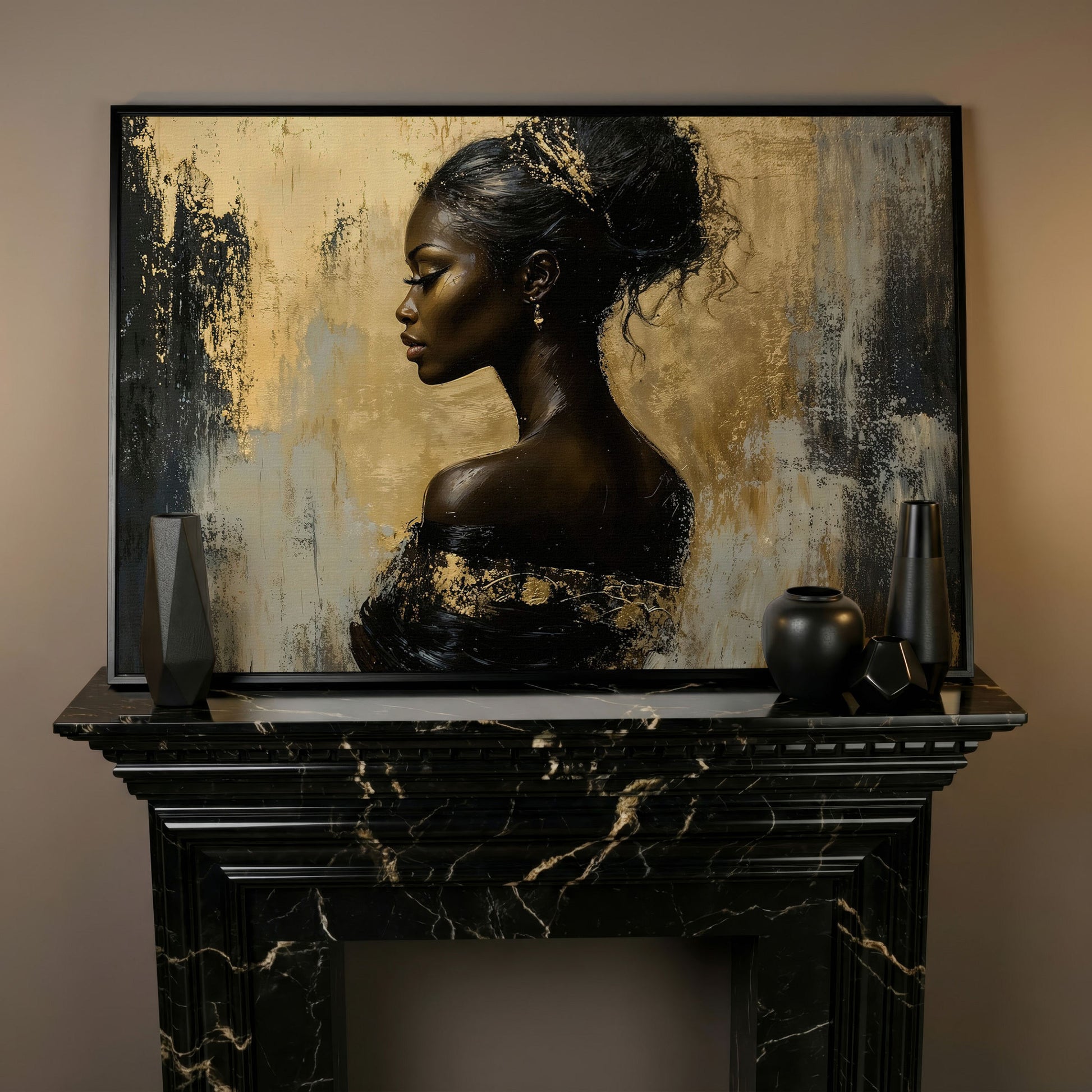 Royal Woman Profile Canvas Print in Black & Gold in black floating frame