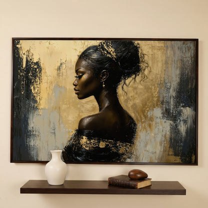 Royal Woman Profile Canvas Print in Black & Gold in dark walnut floating frame