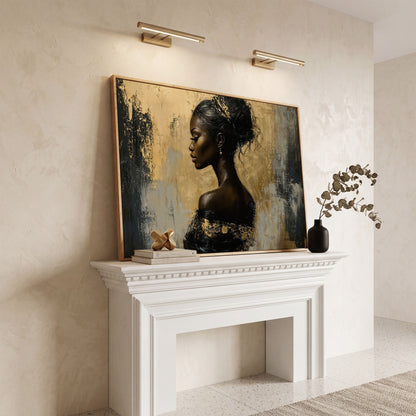 Royal Woman Profile Canvas Print in Black & Gold in white oak floating frame