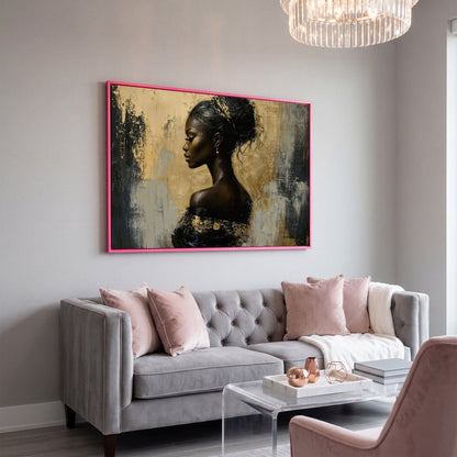 Royal Woman Profile Canvas Print in Black & Gold in pink floating frame