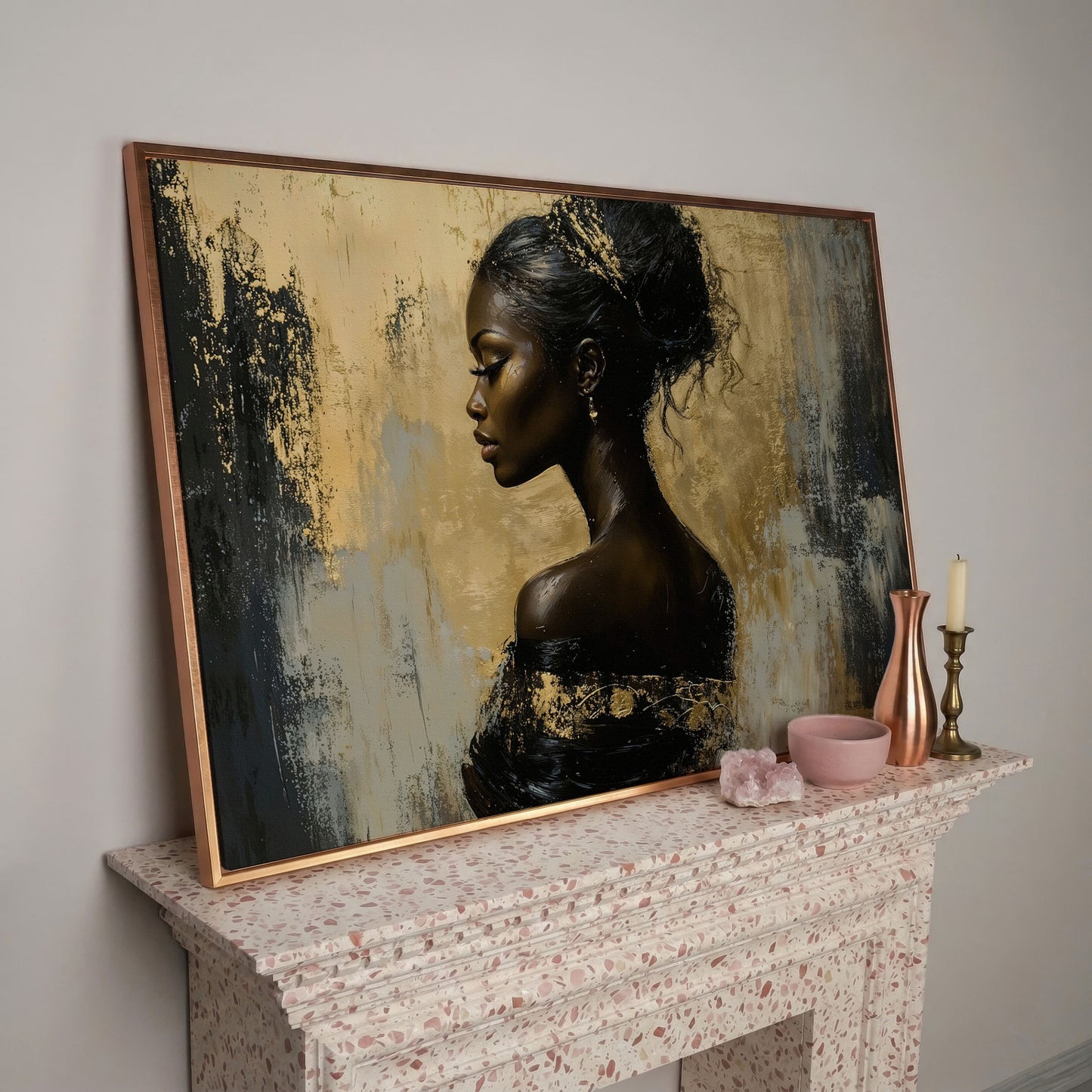 Royal Woman Profile Canvas Print in Black & Gold in rose gold floating frame