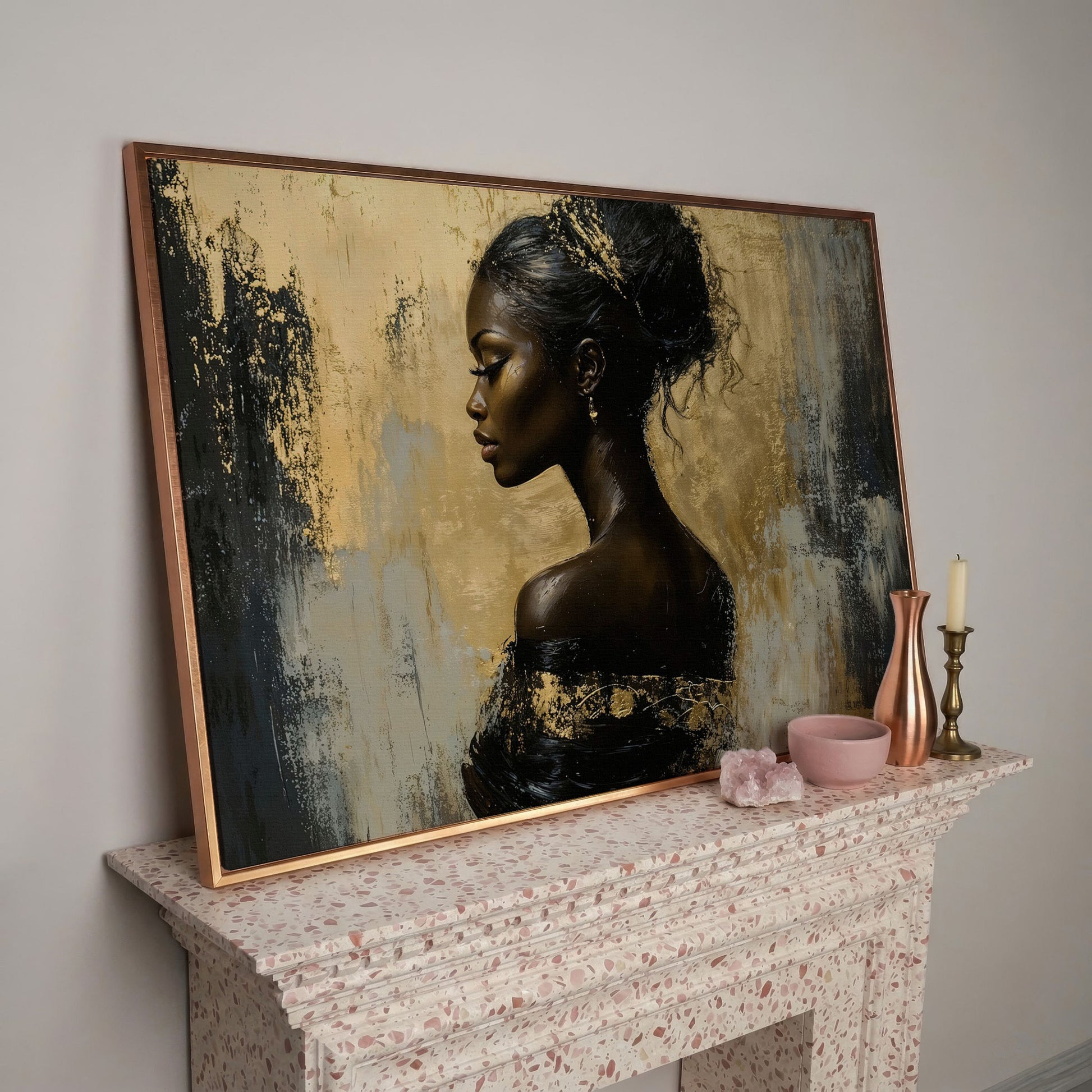 Royal Woman Profile Canvas Print in Black & Gold in rose gold floating frame
