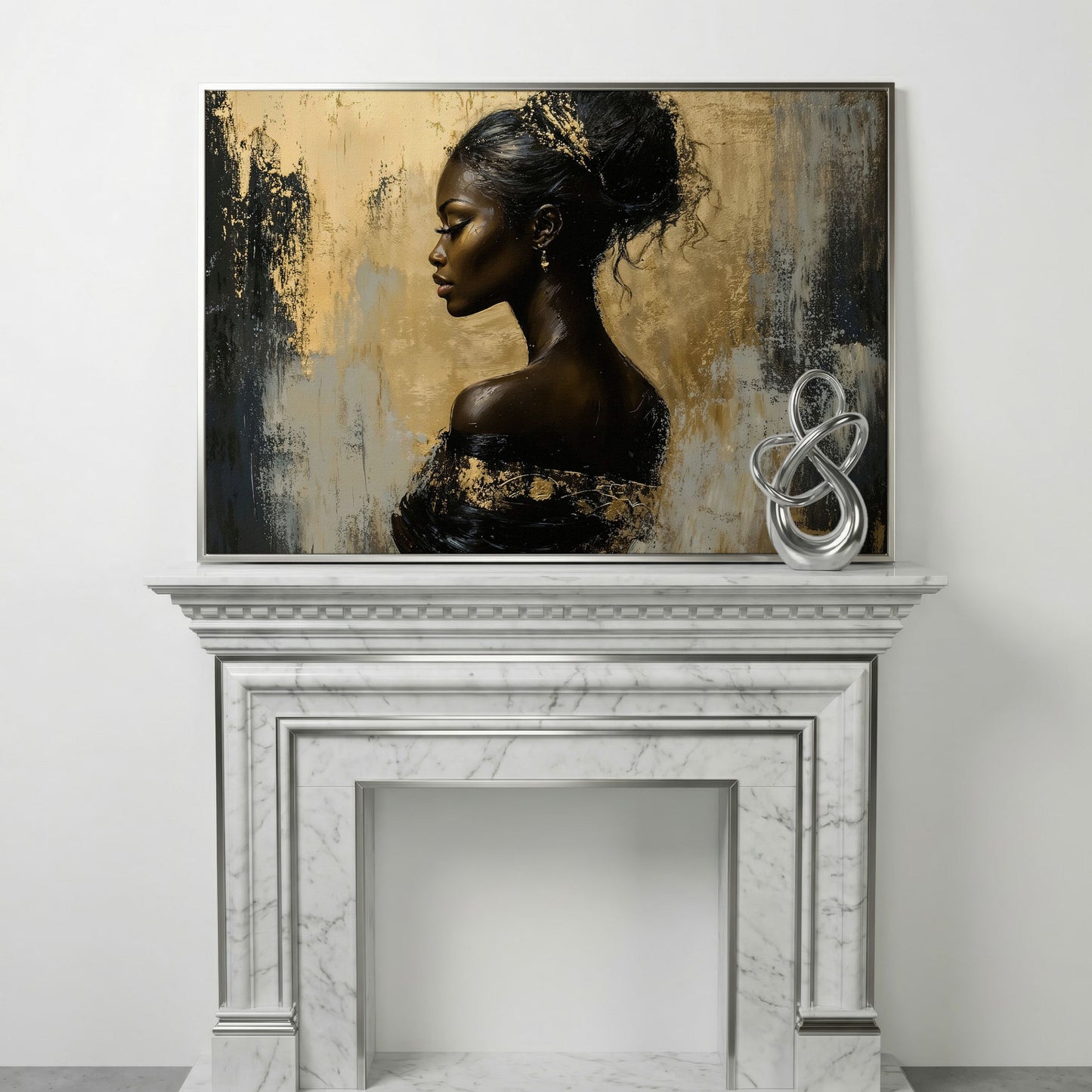 Royal Woman Profile Canvas Print in Black & Gold in silver floating frame