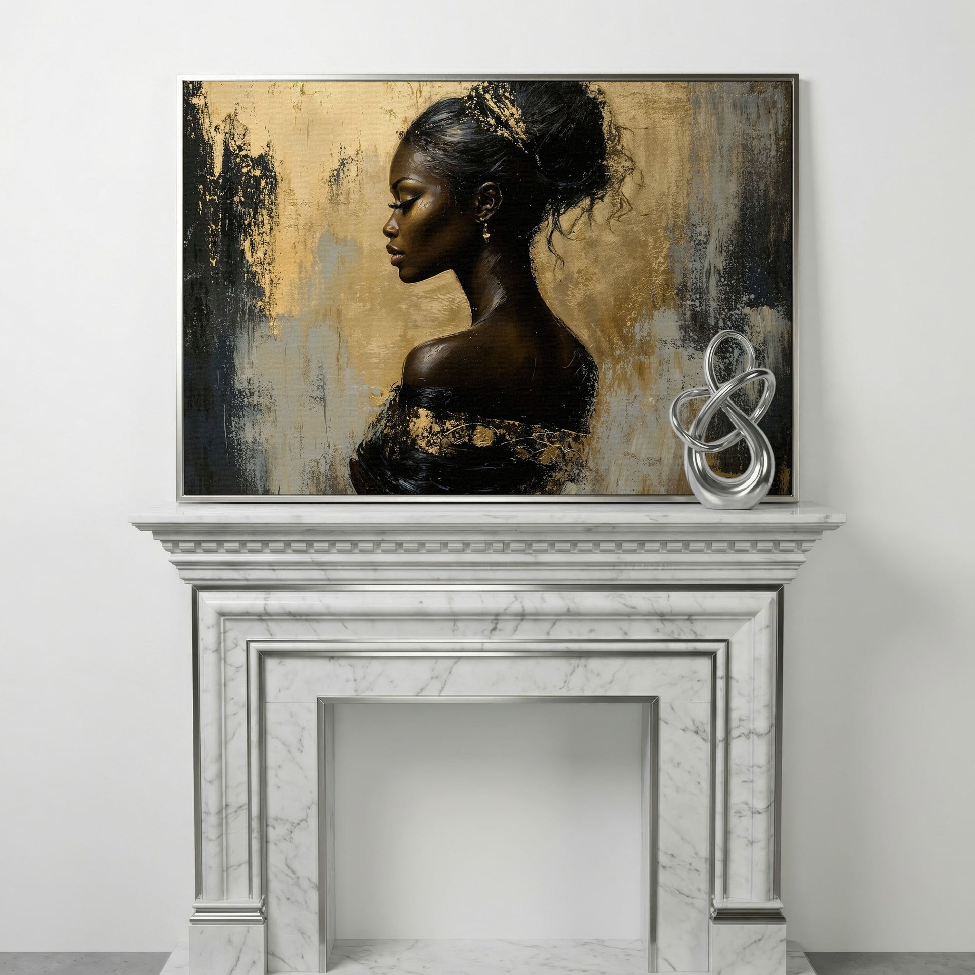 Royal Woman Profile Canvas Print in Black & Gold in silver floating frame