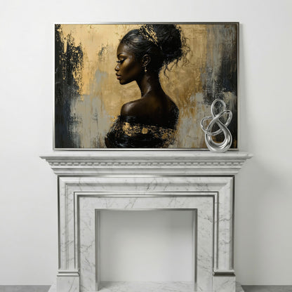 Royal Woman Profile Canvas Print in Black & Gold in silver floating frame
