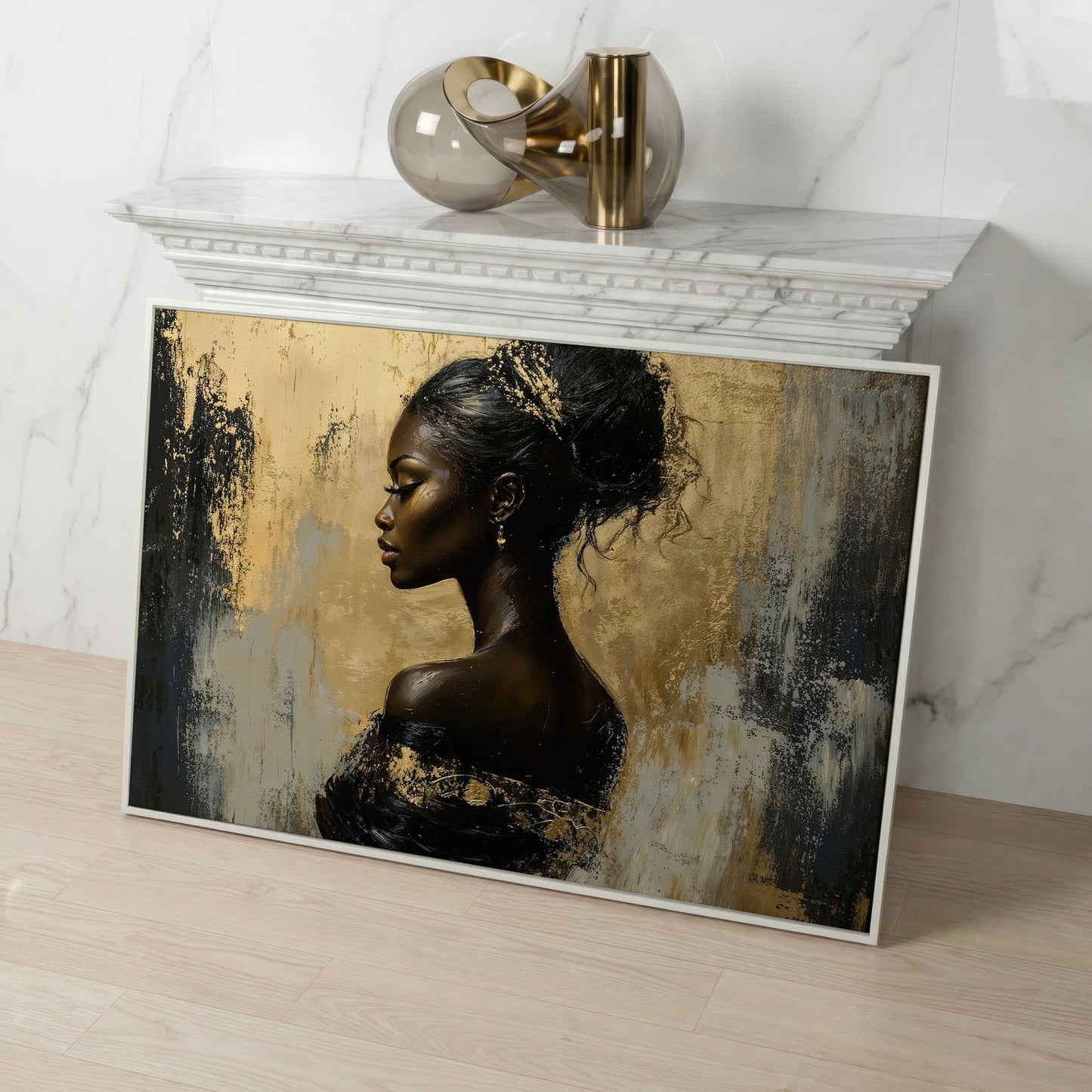 Royal Woman Profile Canvas Print in Black & Gold in white floating frame
