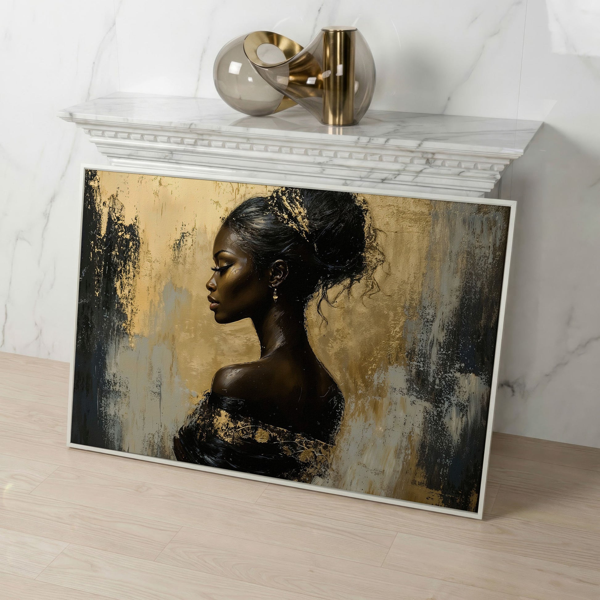 Royal Woman Profile Canvas Print in Black & Gold in white floating frame
