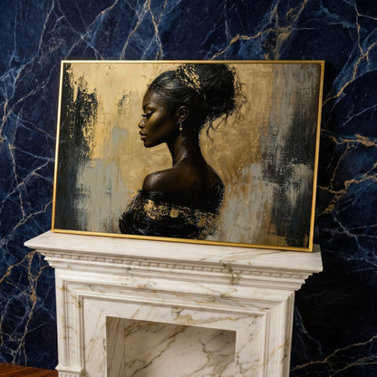Royal Woman Profile Canvas Print in Black & Gold in yellow gold floating frame