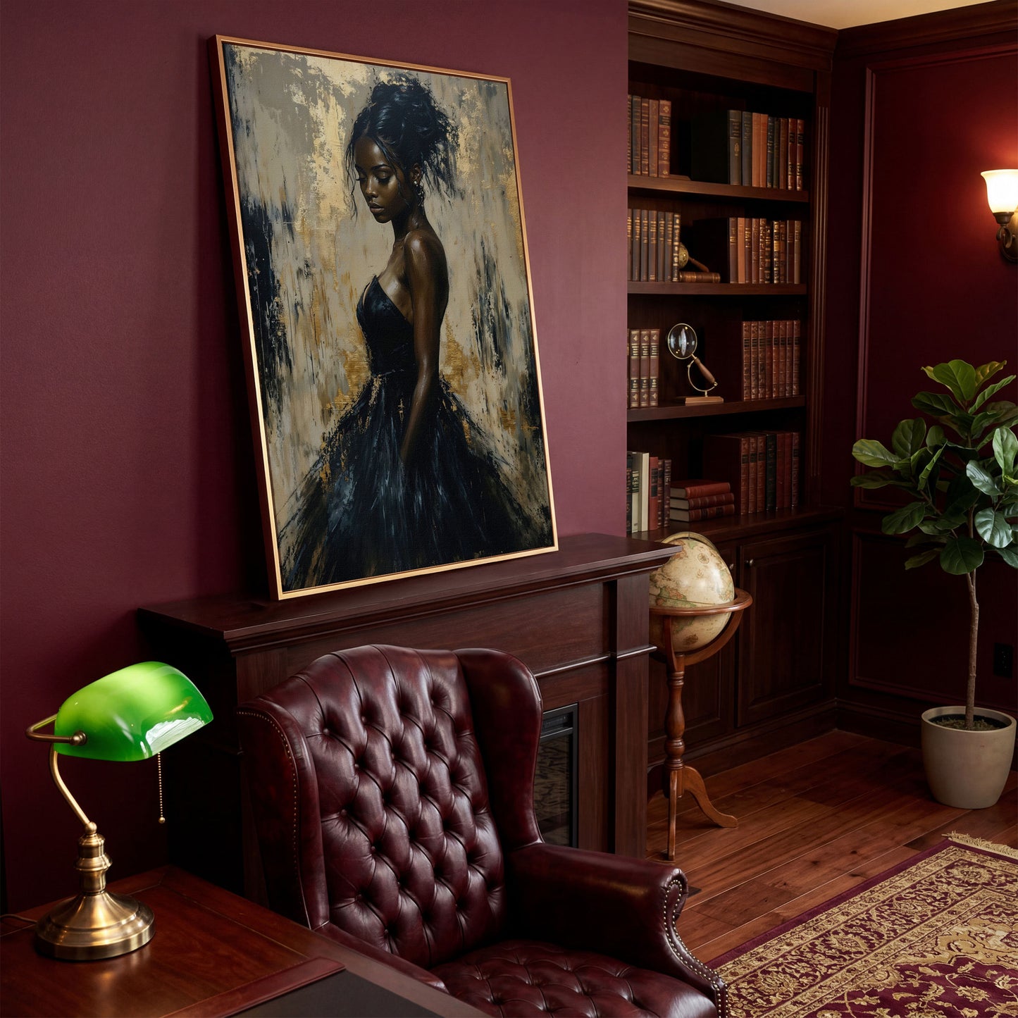 Black Woman in Elegant Dress Canvas Print in antique gold floating frame