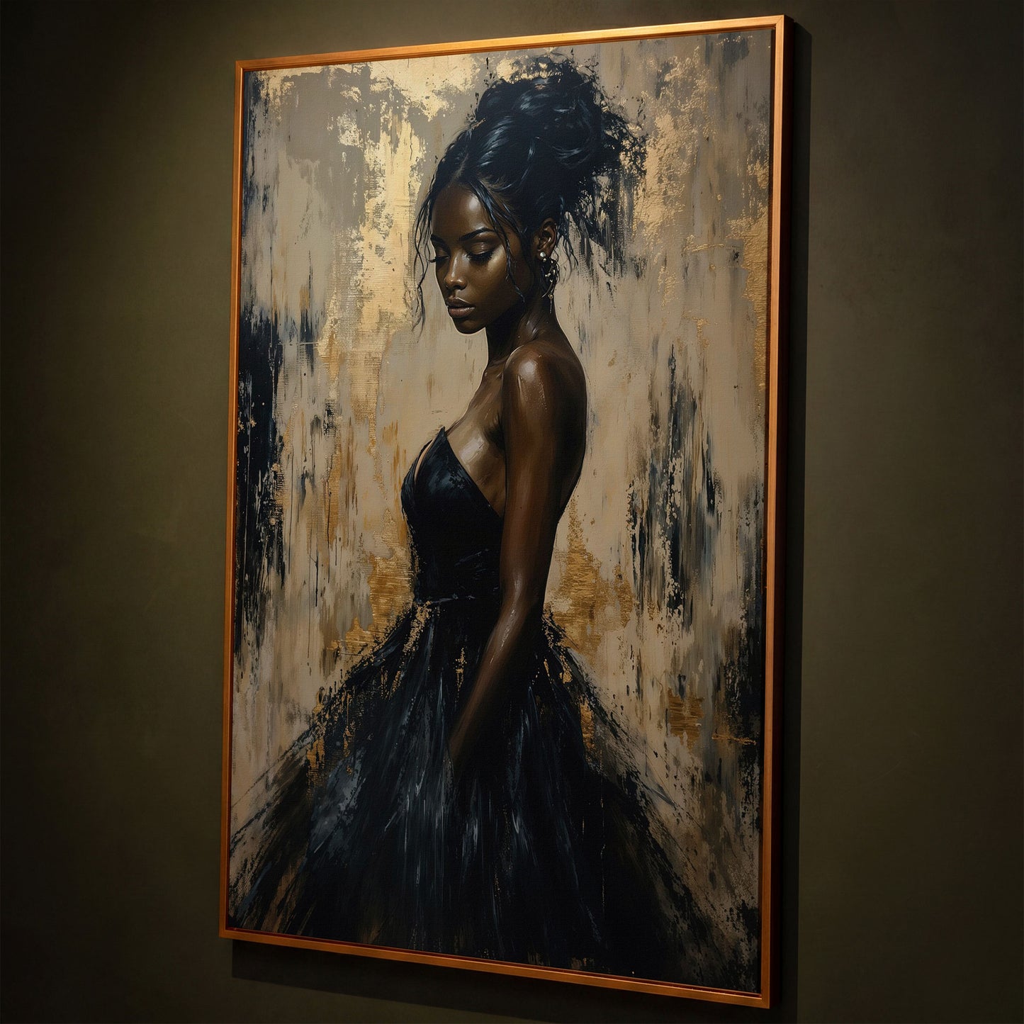 Black Woman in Elegant Dress Canvas Print shown in antique gold floating frame