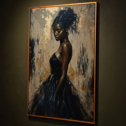 Black Woman in Elegant Dress Canvas Print shown in antique gold floating frame