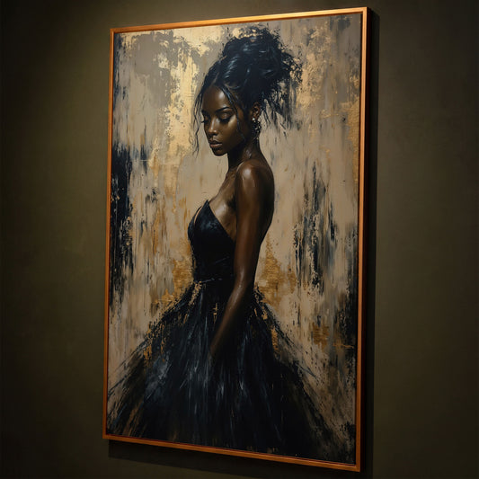 Black Woman in Elegant Dress Canvas Print shown in antique gold floating frame