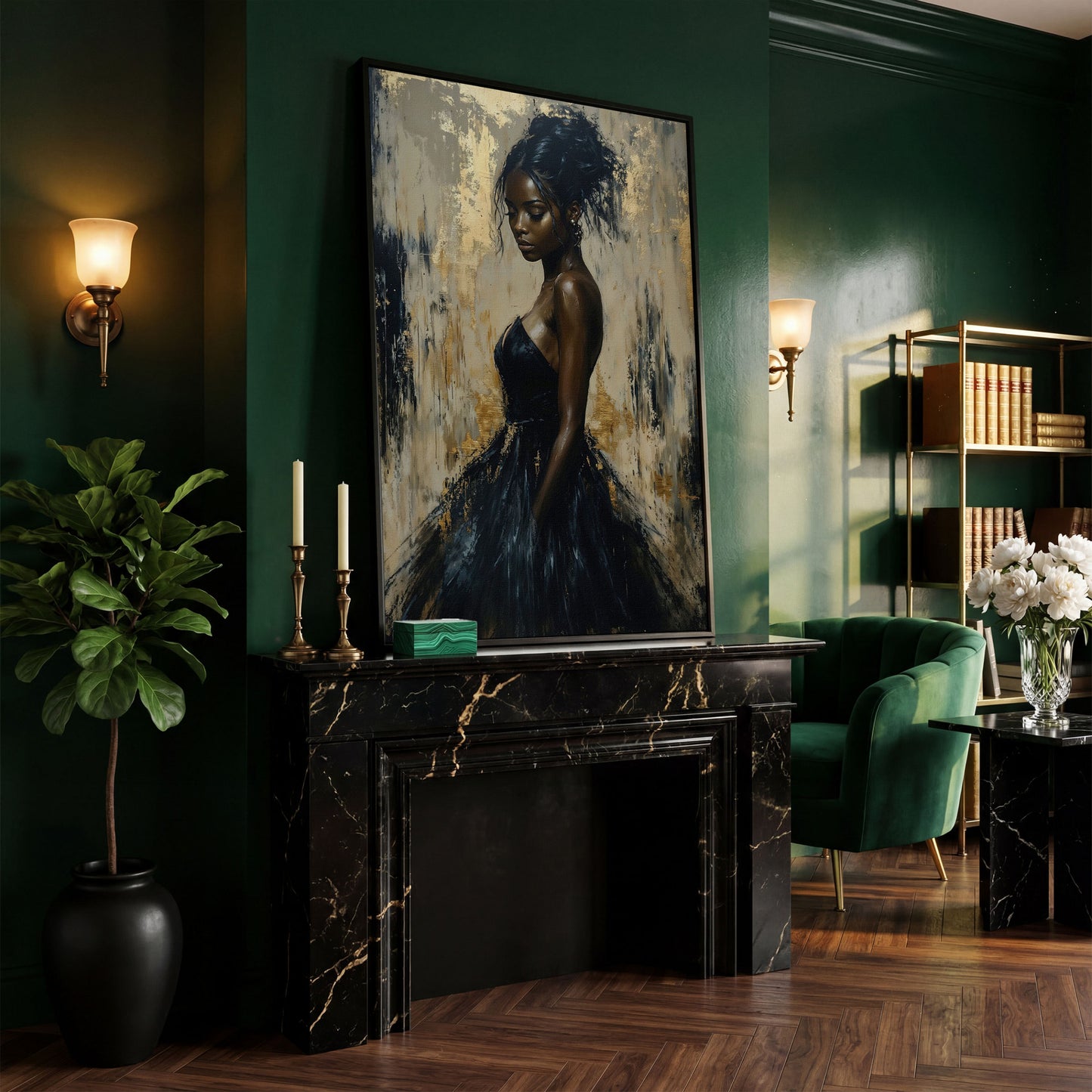 Black Woman in Elegant Dress Canvas Print in black floating frame