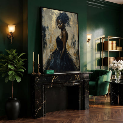 Black Woman in Elegant Dress Canvas Print in black floating frame