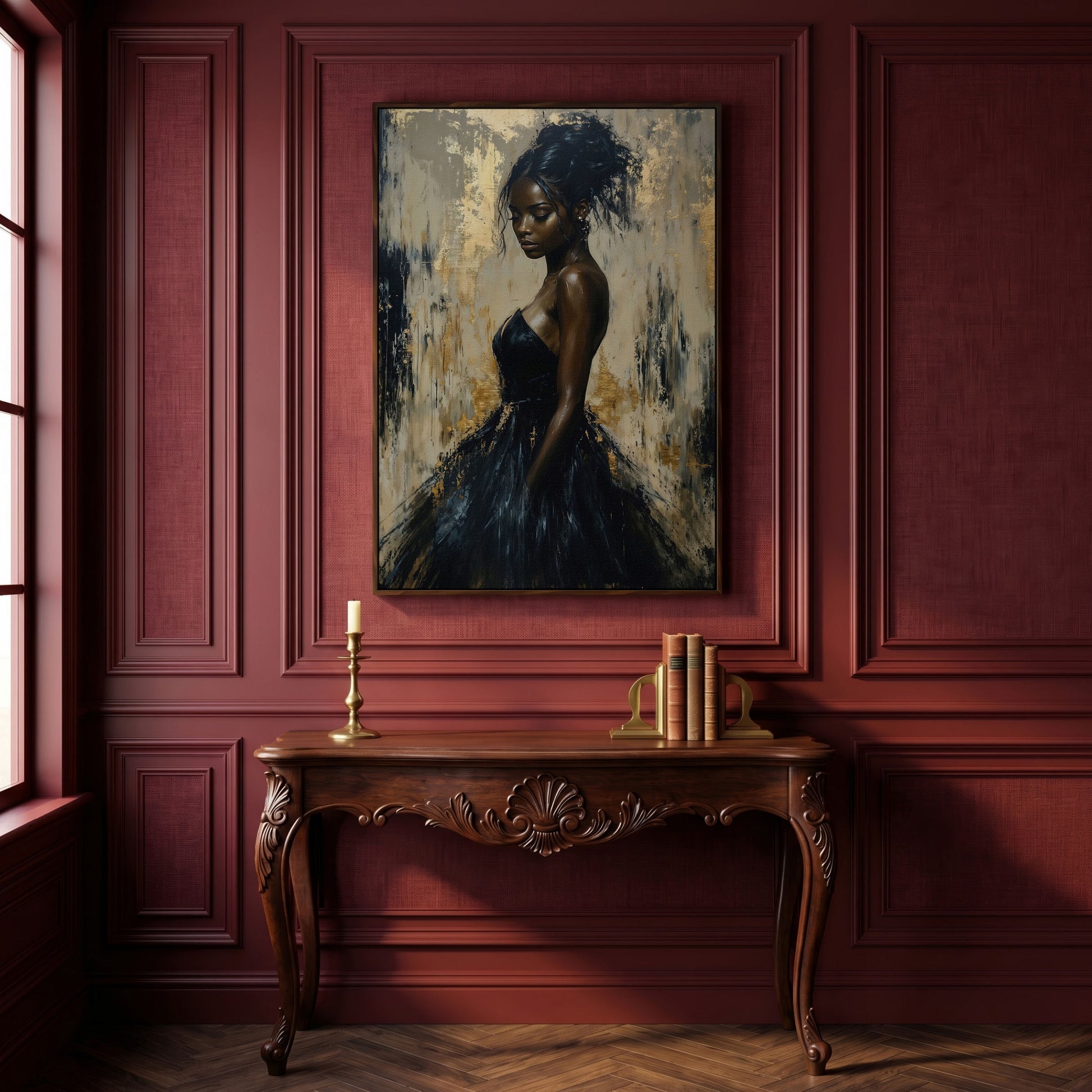Black Woman in Elegant Dress Canvas Print in dark walnut floating frame