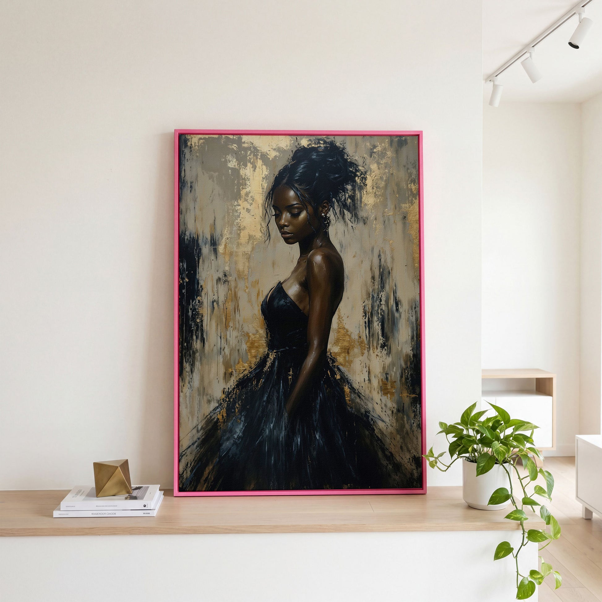 Black Woman in Elegant Dress Canvas Print in pink floating frame