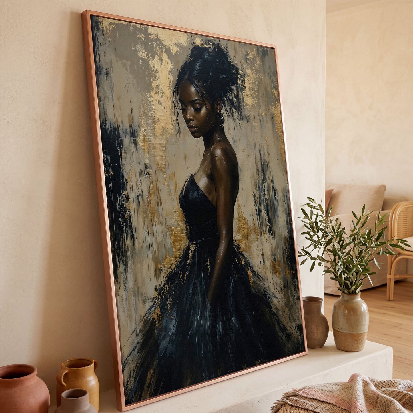 Black Woman in Elegant Dress Canvas Print in rose gold floating frame