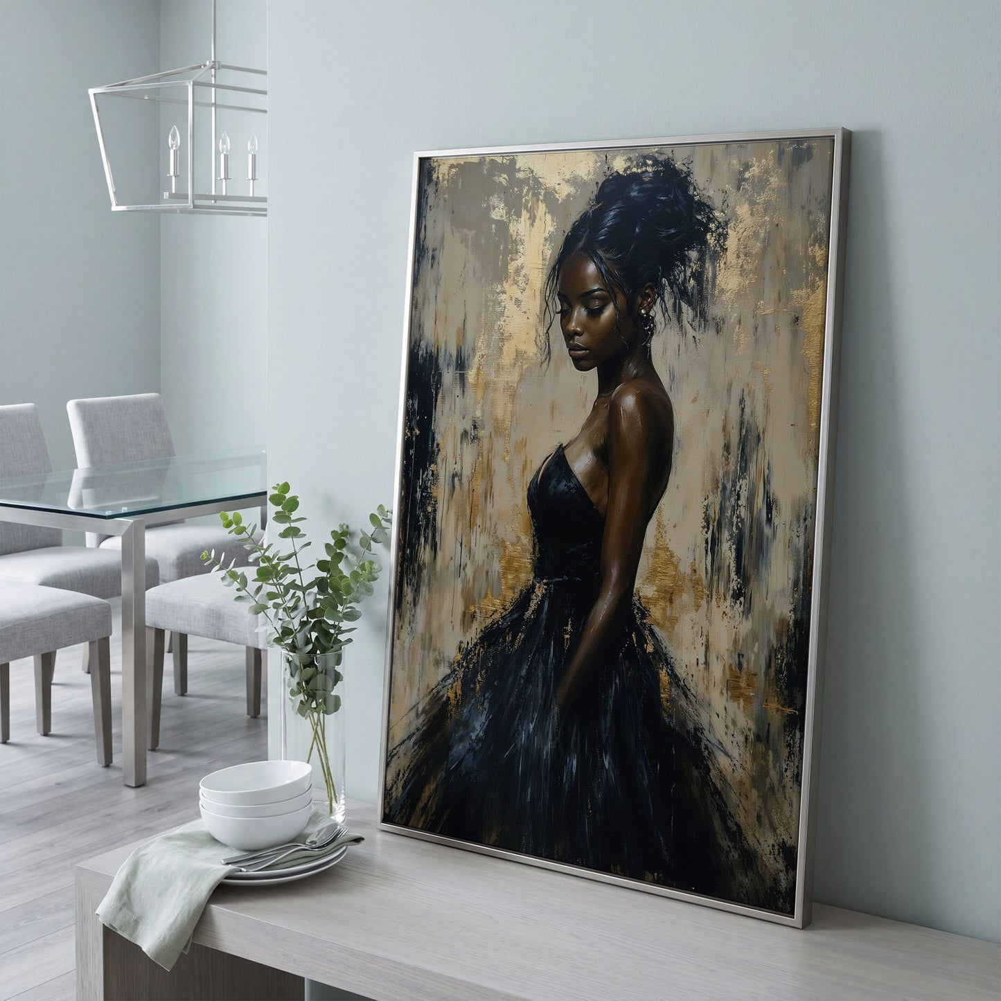 Black Woman in Elegant Dress Canvas Print in silver floating frame
