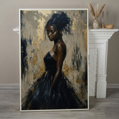 Black Woman in Elegant Dress Canvas Print in white floating frame