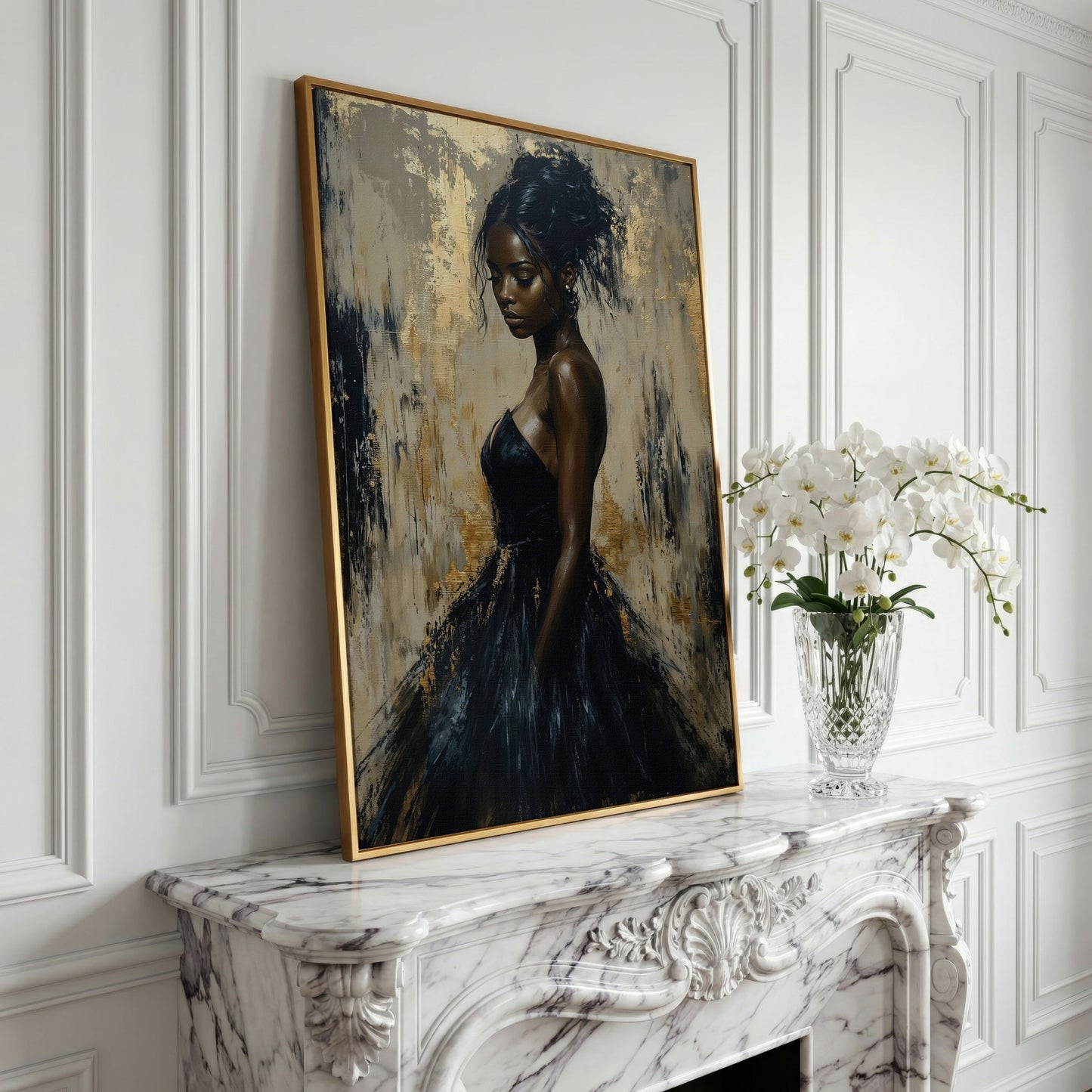 Black Woman in Elegant Dress Canvas Print in yellow gold floating frame