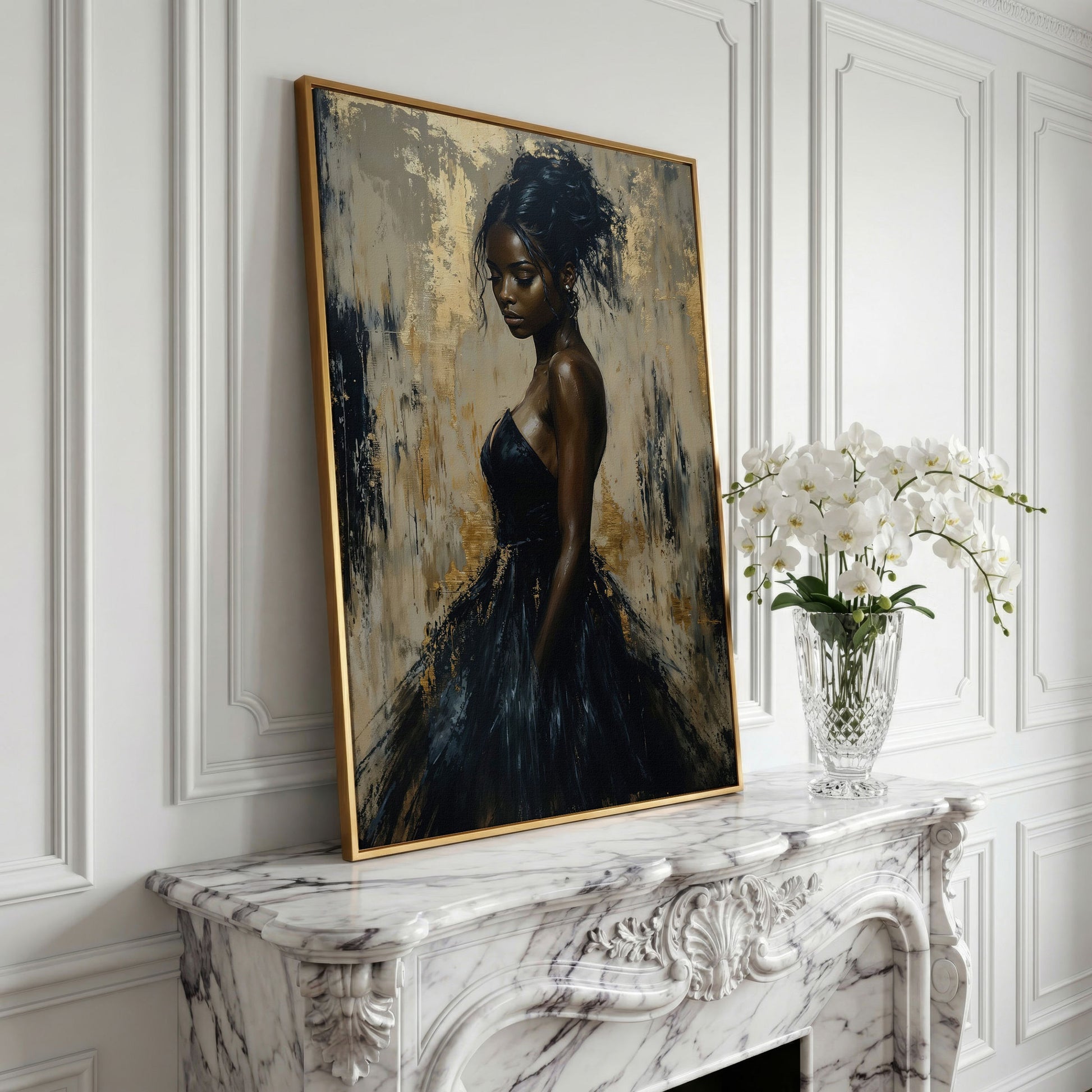 Black Woman in Elegant Dress Canvas Print in yellow gold floating frame