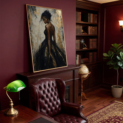 Back-View Fashion Portrait Canvas Print in Ebony and Cream in antique gold floating frame