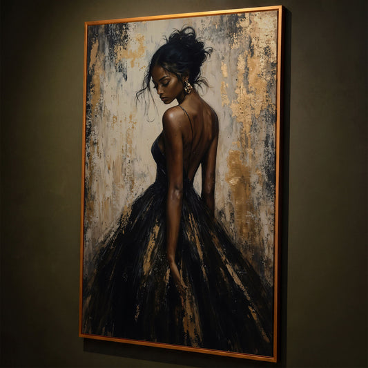 Back-View Fashion Portrait Canvas Print in Ebony and Cream shown in antique gold floating frame