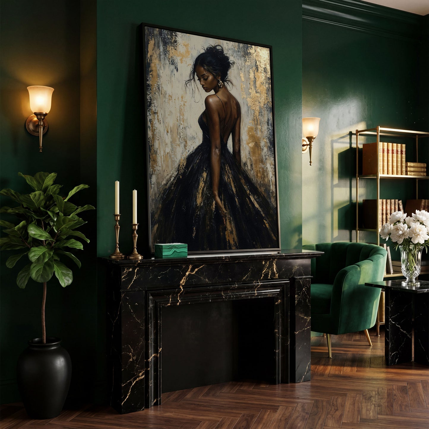 Back-View Fashion Portrait Canvas Print in Ebony and Cream in black floating frame