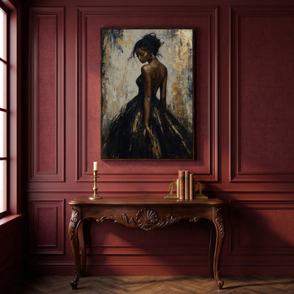 Back-View Fashion Portrait Canvas Print in Ebony and Cream in dark walnut floating frame