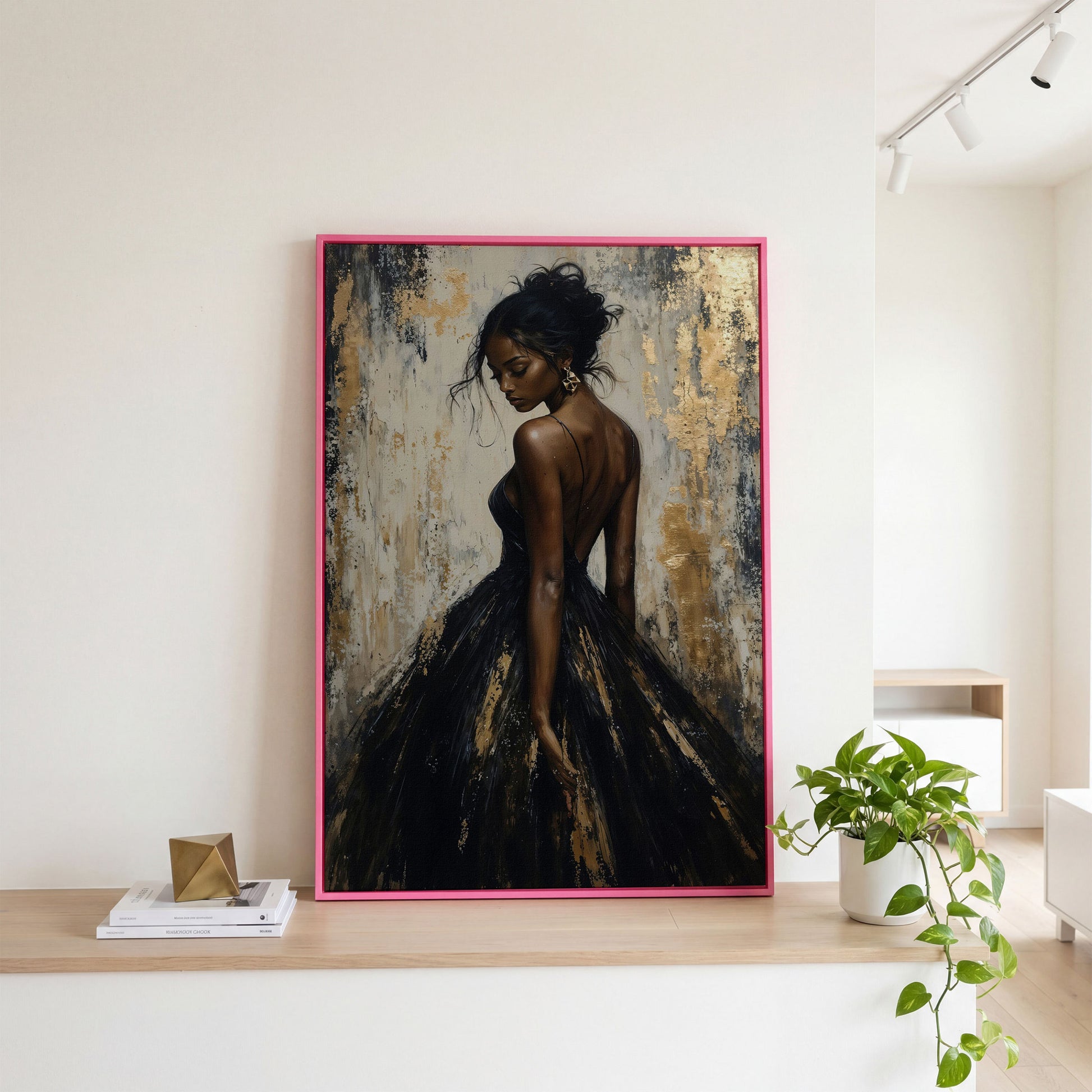 Back-View Fashion Portrait Canvas Print in Ebony and Cream in pink floating frame
