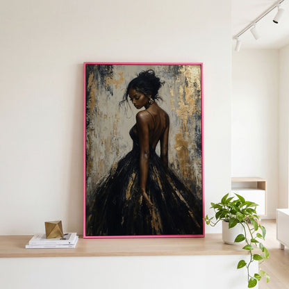 Back-View Fashion Portrait Canvas Print in Ebony and Cream in pink floating frame