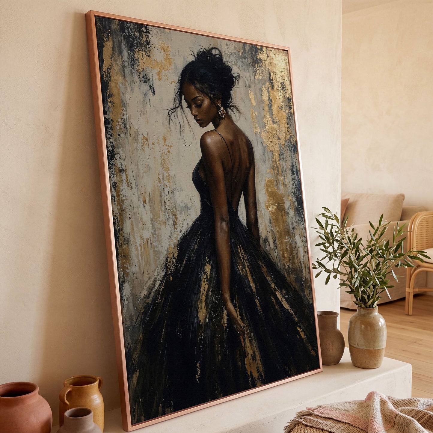 Back-View Fashion Portrait Canvas Print in Ebony and Cream in rose gold floating frame