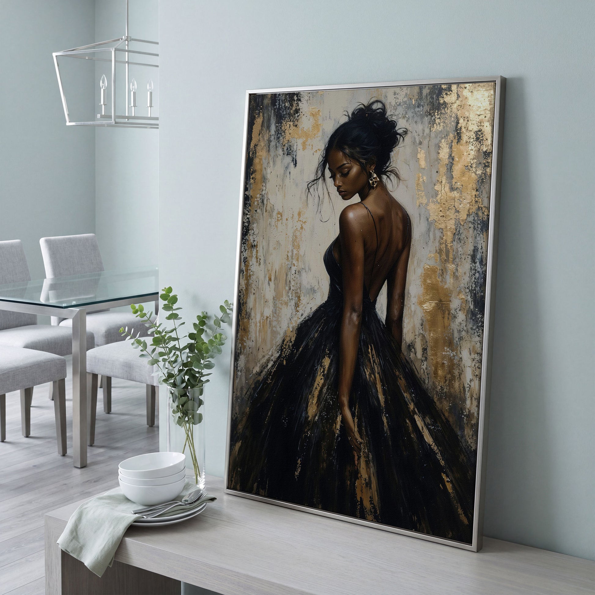 Back-View Fashion Portrait Canvas Print in Ebony and Cream in silver floating frame
