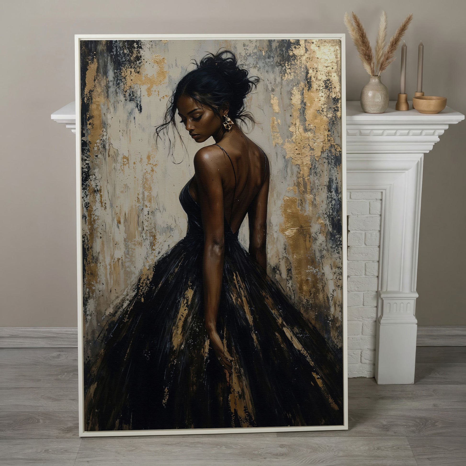 Back-View Fashion Portrait Canvas Print in Ebony and Cream in white floating frame