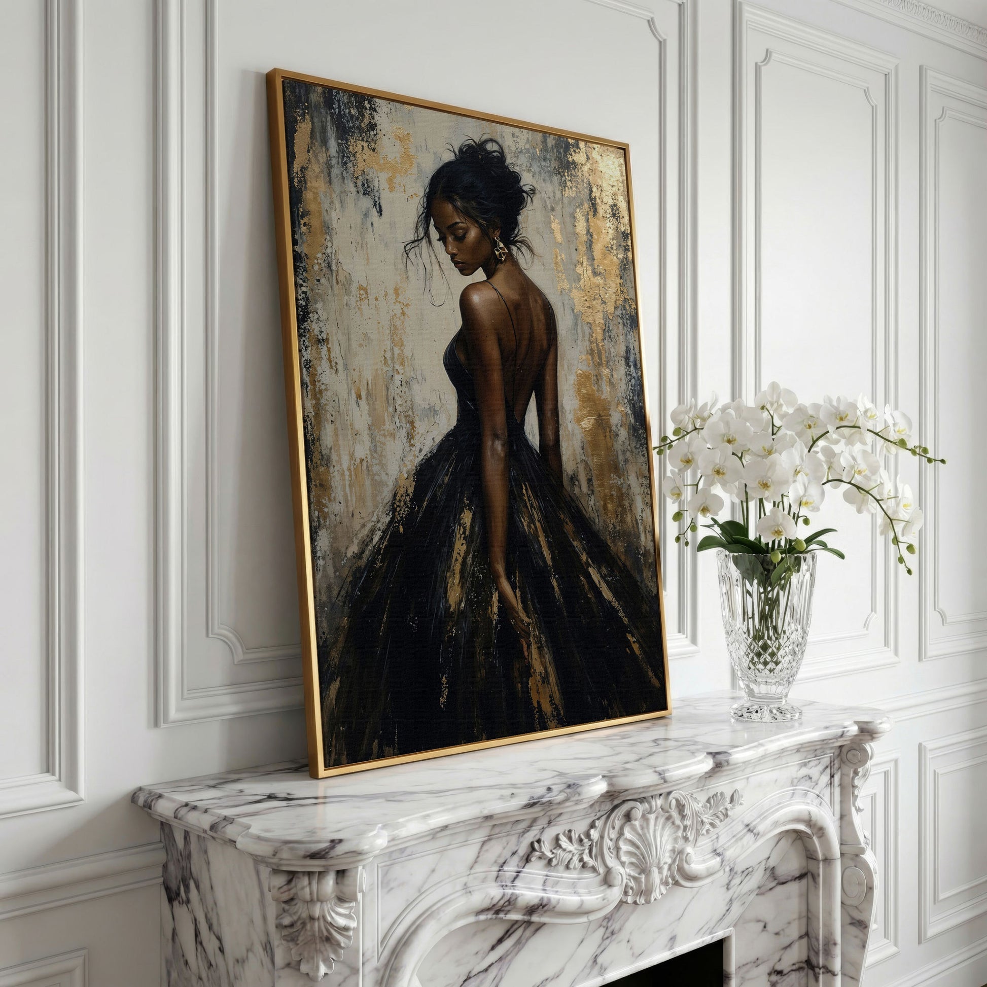 Back-View Fashion Portrait Canvas Print in Ebony and Cream in yellow gold floating frame