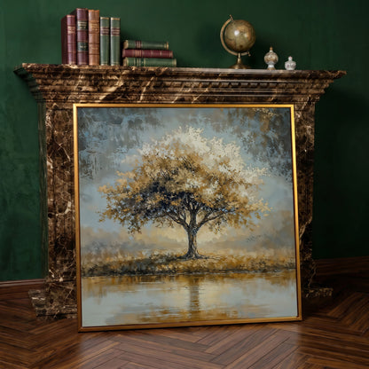 Lonely Tree by Water with Golden Foliage Canvas in antique gold floating frame