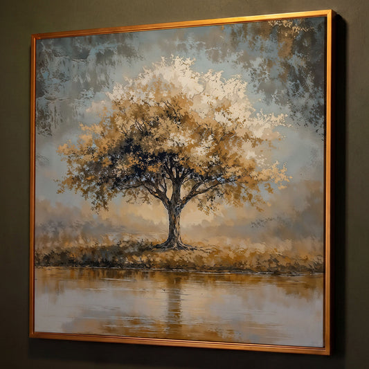 Lonely Tree by Water with Golden Foliage Canvas shown in antique gold floating frame