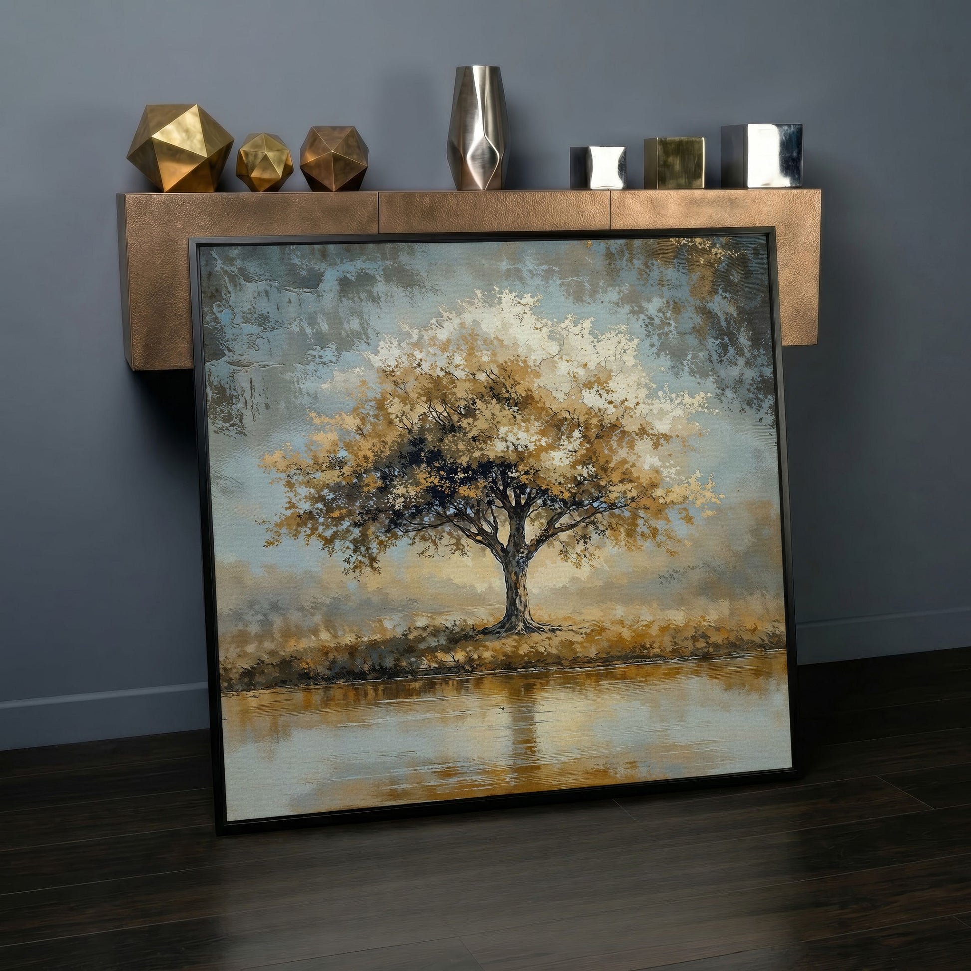Lonely Tree by Water with Golden Foliage Canvas in black floating frame