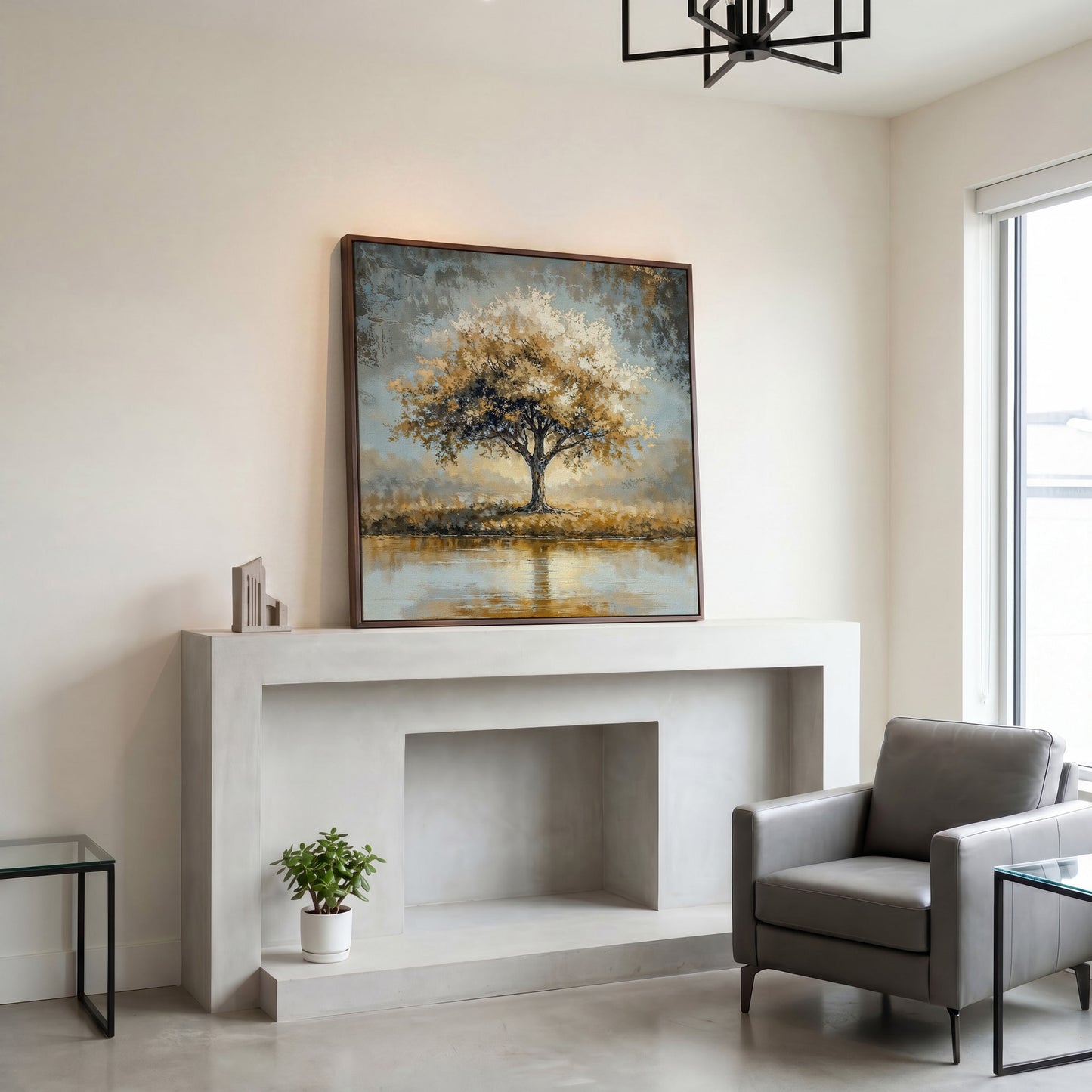 Lonely Tree by Water with Golden Foliage Canvas in dark walnut floating frame