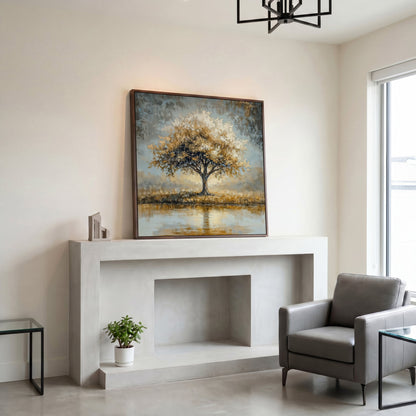 Lonely Tree by Water with Golden Foliage Canvas in dark walnut floating frame