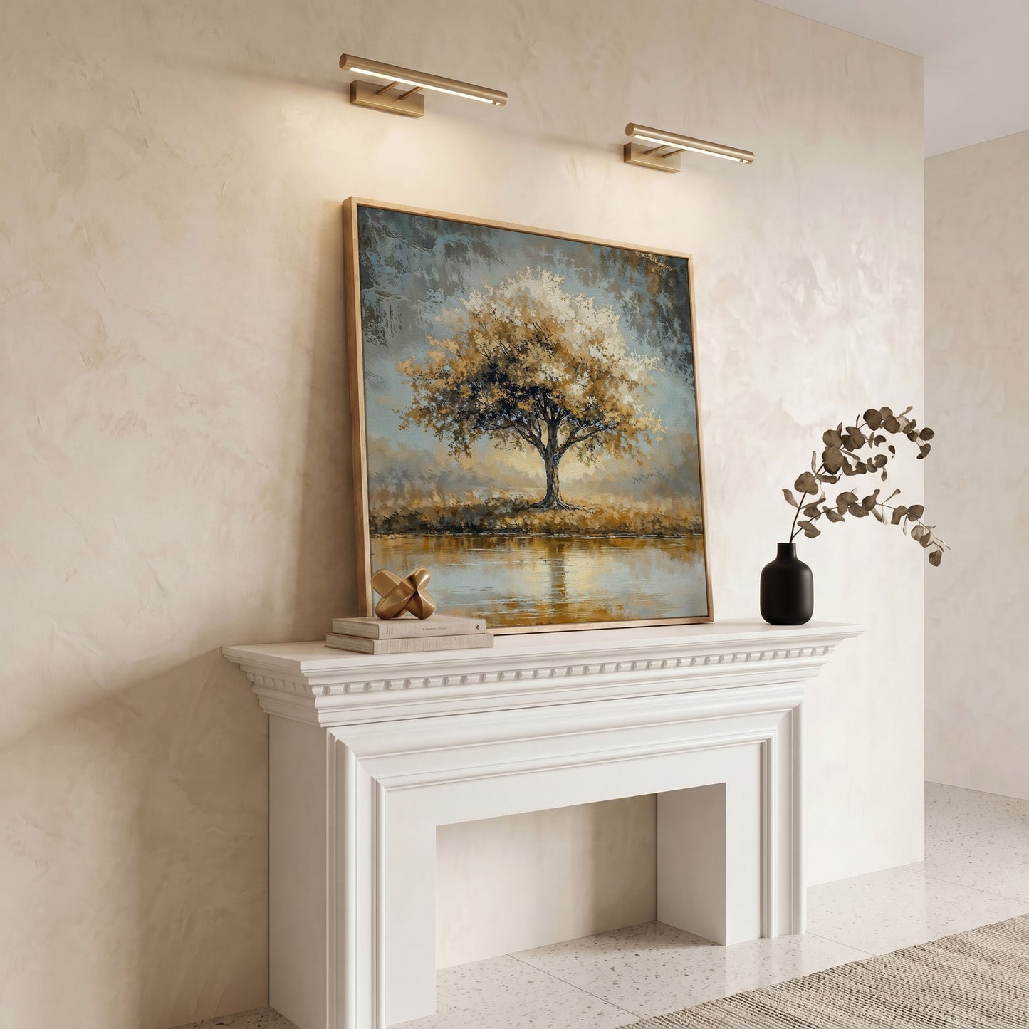 Lonely Tree by Water with Golden Foliage Canvas in white oak floating frame