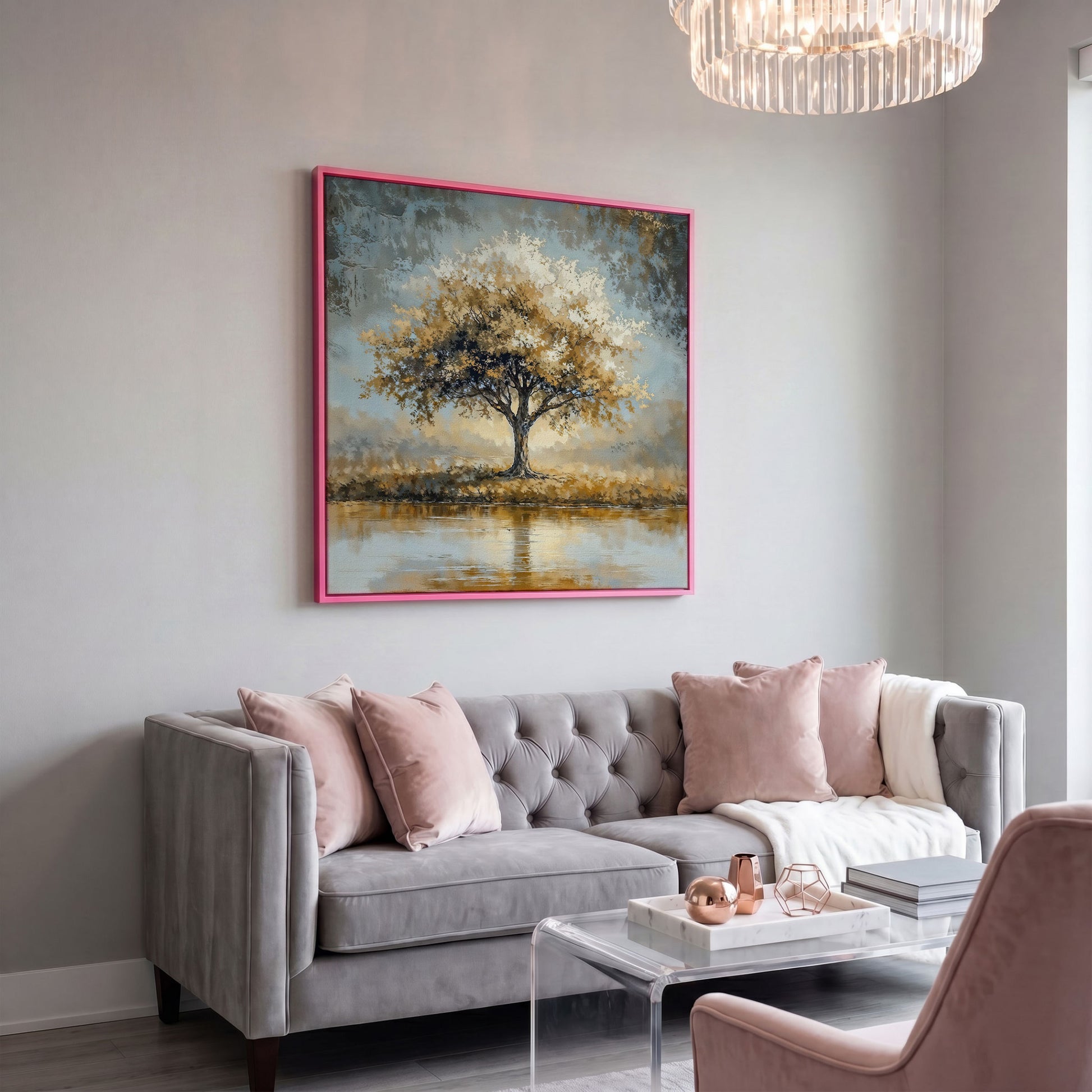 Lonely Tree by Water with Golden Foliage Canvas in pink floating frame