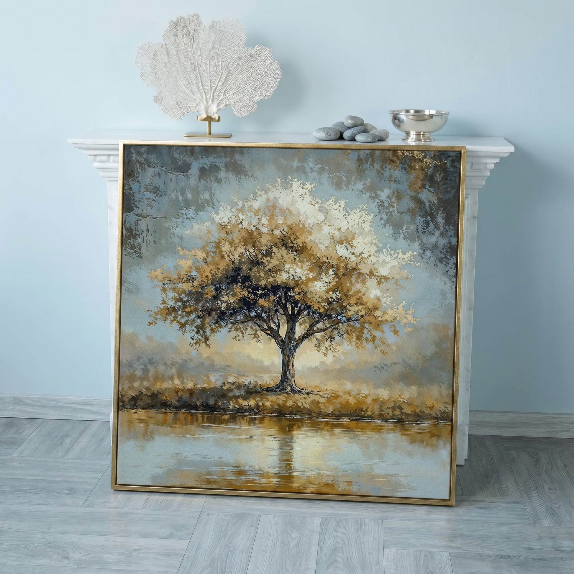 Lonely Tree by Water with Golden Foliage Canvas in rose gold floating frame