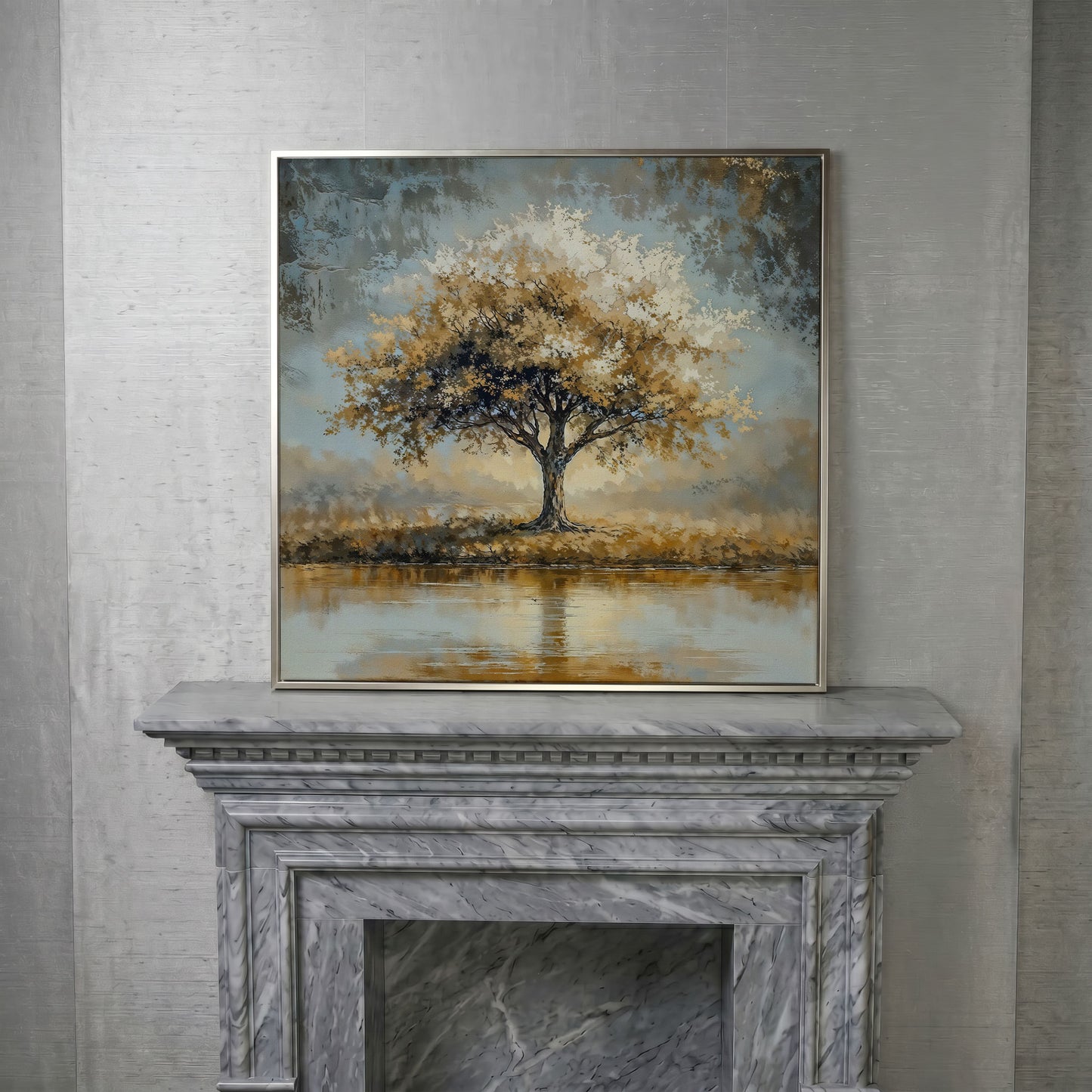 Lonely Tree by Water with Golden Foliage Canvas in silver floating frame