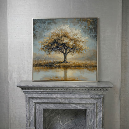 Lonely Tree by Water with Golden Foliage Canvas in silver floating frame