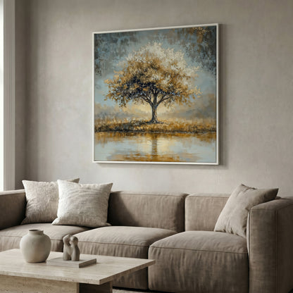 Lonely Tree by Water with Golden Foliage Canvas in white floating frame